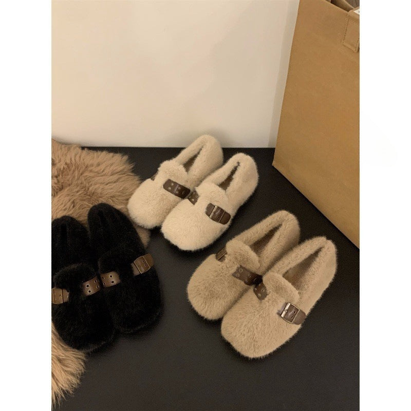 2025 Flat-bottomed plush Doudou shoes plush single shoes women's shoes popular new autumn and winter outer wear soft-soled cotton shoes fluffy shoes