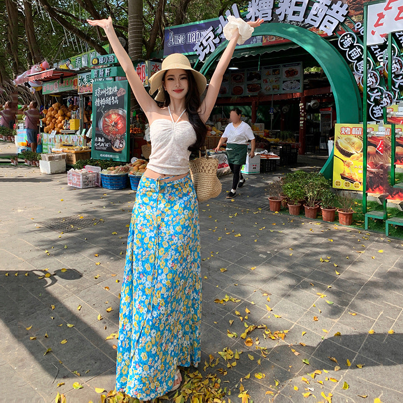 2025 Dopamine Island vacation style suit  drawstring tube top top women's floral skirt two-piece skirt