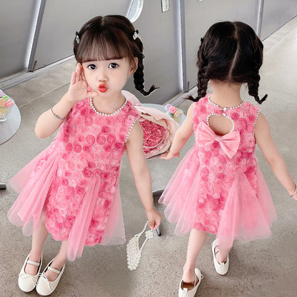 Girl's Rose Petals Princess Dress Summer Dress  New Children's Vest Dress Little Girl Trendy Mesh Dress