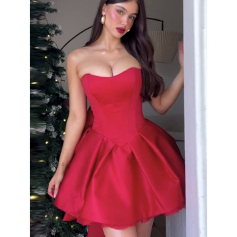 STOREXQ 2025 Solid color tube top dress short dress winter ins sexy tube top hottie waist Christmas red dress A-word dress