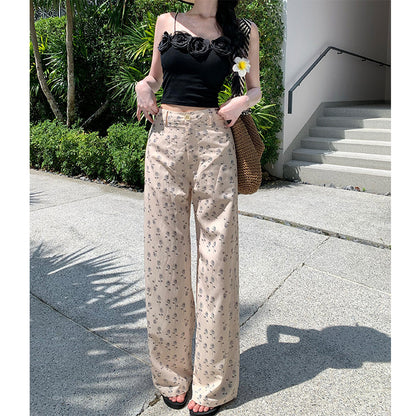 2025 High waist narrow version wide leg pants long pants women's summer retro floral 2025 casual pants slimming vacation mopping pants