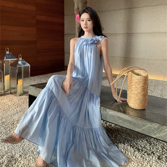 2025 Gentle water blue soft light yarn three-dimensional flower bow strap neck dress women's seaside vacation dress