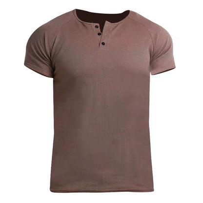 Coarse Thread 230G Cotton Heavy Henley Shirt  Cross-Border Men's T-shirt Solid Color Men's Retro Summer Short Sleeve Fitness