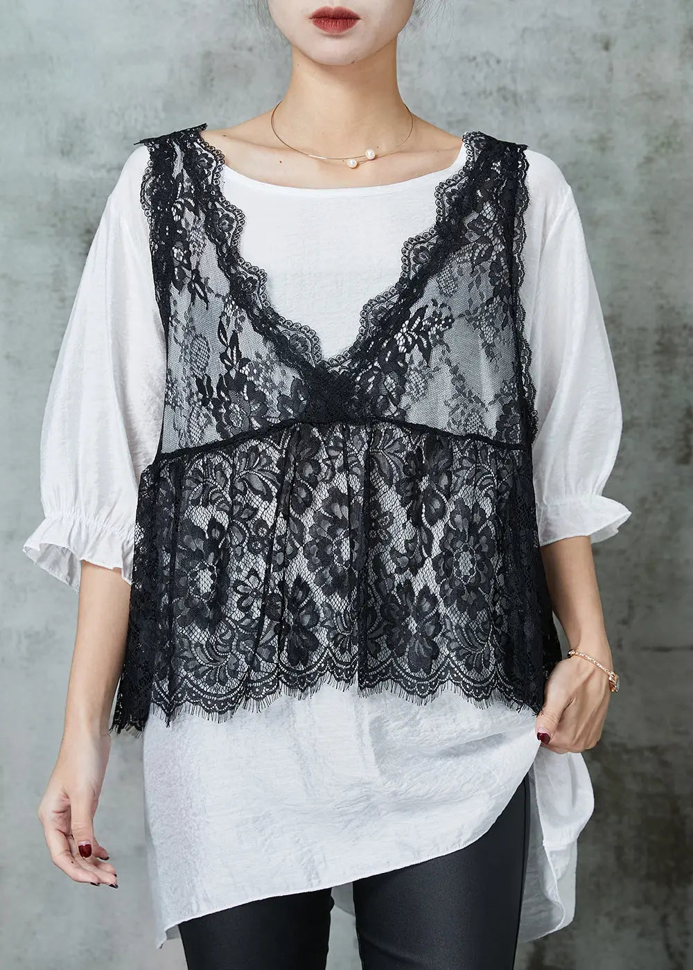 peopleterritory Organic White Oversized Lace Vest And Tanks Two Pieces Set Summer JK1003