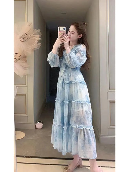 StoreXQ  -  Long Sleeve Strenchy Wasit Ruffled Long Dress  vestidos cortos de fiesta Wedding Dresses Prom Dress Chiffon Party Dress vestido