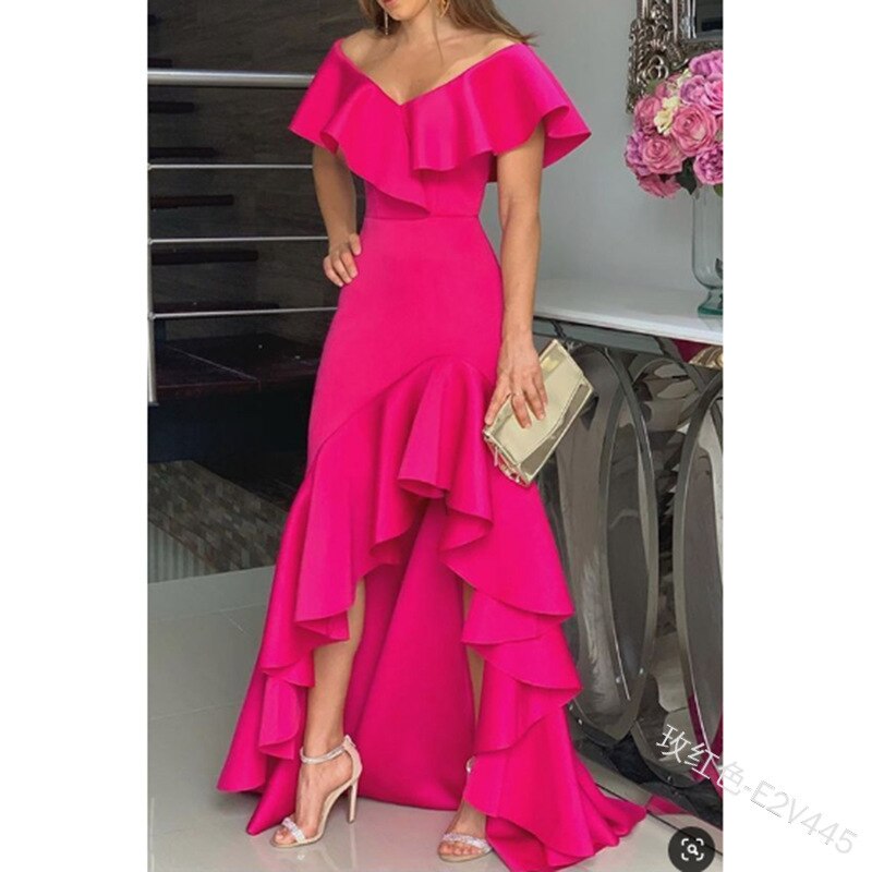 European American Elegant Party Dresses Sexy V-neck Irregular Solid Color Maxi Dress Hem Ruffle Women Short Sleeve Floor-Length