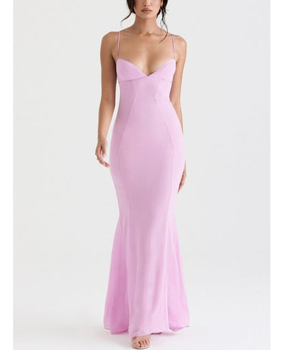 StoreXQ Sexy V Neck Sling Backless Maxi Mermaid Dress Elegant Pink Spaghetti Strap Bodycon Long Dress Mermaid Gown Celebrity Party Dress