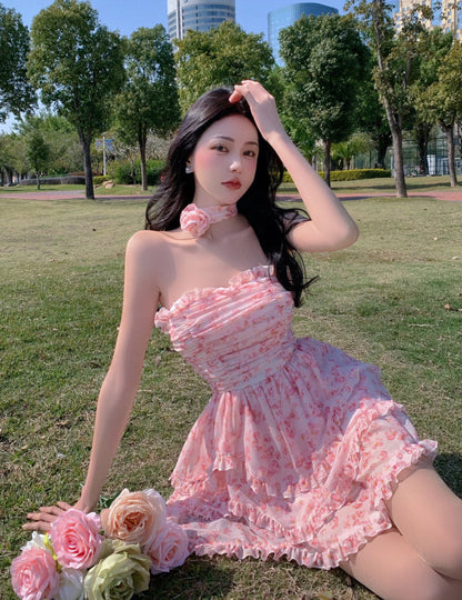 Casual Strapless Sexy Summer Dresses For Women  Korean Floral Print Chiffon Beach Holiday Mini Dress Elegant Party Dress