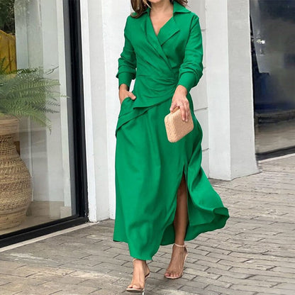 StoreXQ Green Women Dress Elegant Spring Summer Long Sleeve V Neck Party Dresses with Slit Pleated Beach A-LINE Maxi Dress for Women