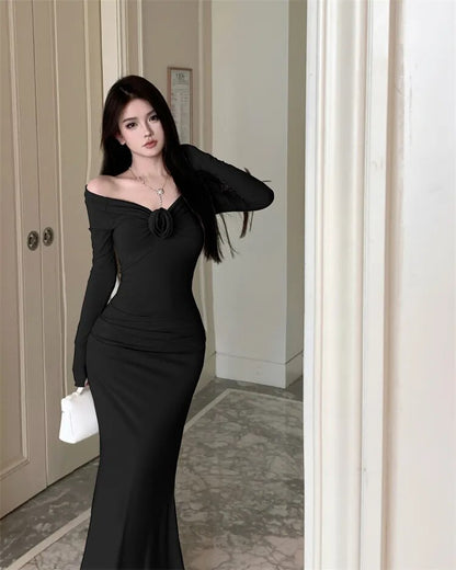 StoreXQ Sexy Women Off Shoulder Evening Party Dress  Elegant Long Sleeve Bodycon Lady Solid Maxi Dresses French Floral Vestidos Robe