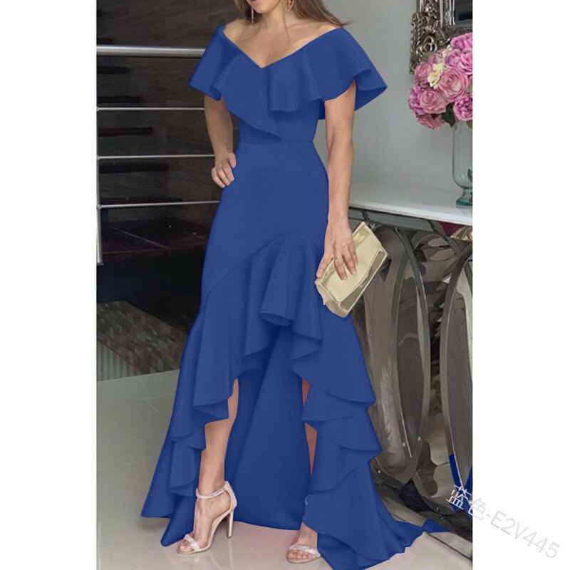 European American Elegant Party Dresses Sexy V-neck Irregular Solid Color Maxi Dress Hem Ruffle Women Short Sleeve Floor-Length