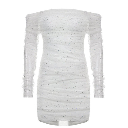 Gauze Sequins Mini Women's Dress For New Year  Off Shoulder Long Sleeve Hip Package Party Dresses Elegant Dresses For Women