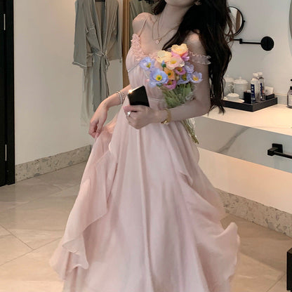 Elegant Strap Sleeveless High Waist Dresses For Women  Summer Pink Sweet Fairy Dress Women Korean Fashion Party Dress