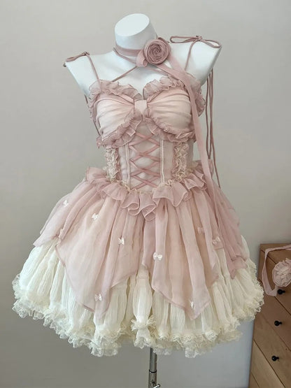 StoreXQ Summer Women Sweet Pink Lolita Dress Female Ruffle High Waist prom Mini Dress Japanese Summer Girl Kawaii Party Dresses