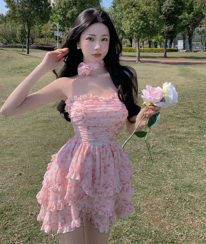 Casual Strapless Sexy Summer Dresses For Women  Korean Floral Print Chiffon Beach Holiday Mini Dress Elegant Party Dress