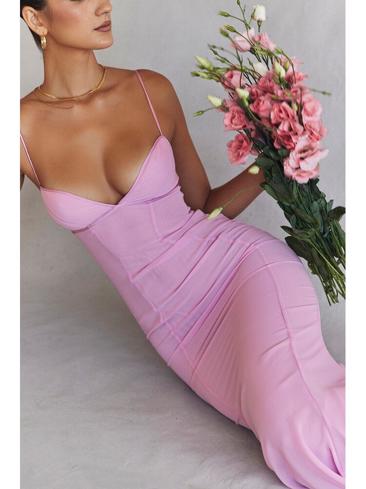 StoreXQ Sexy V Neck Sling Backless Maxi Mermaid Dress Elegant Pink Spaghetti Strap Bodycon Long Dress Mermaid Gown Celebrity Party Dress