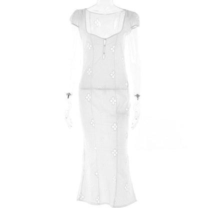 StoreXQ Sexy Hollow Out Midi Dress for Women Summer Elegant Chic V-Neck Slim Party Dress White Short Sleeve Casual Dress