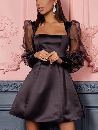 StoreXQ  Elegant Puff Shoulder Long Sleeve Party Dress Spring Fashion Sexy Square Collar Mini Dress New Women Sheer Mesh Silk Satin Dress