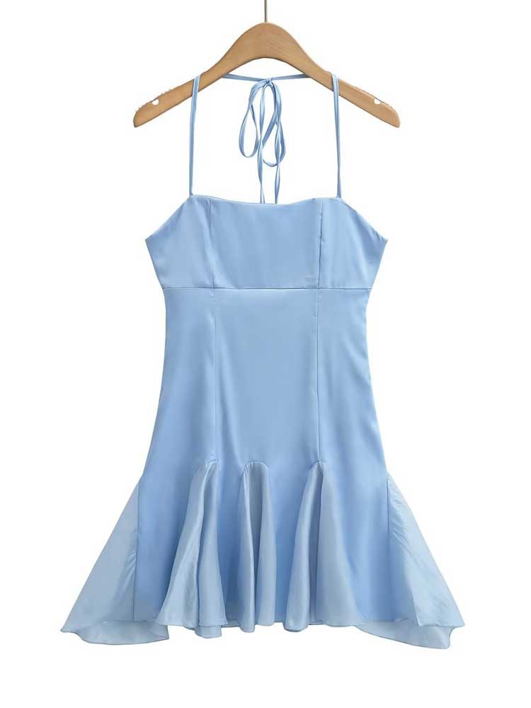 StoreXQ  blue ruffled dress women straps mini irregular sexy dress new summer party dress slim fit strapless ladies dress