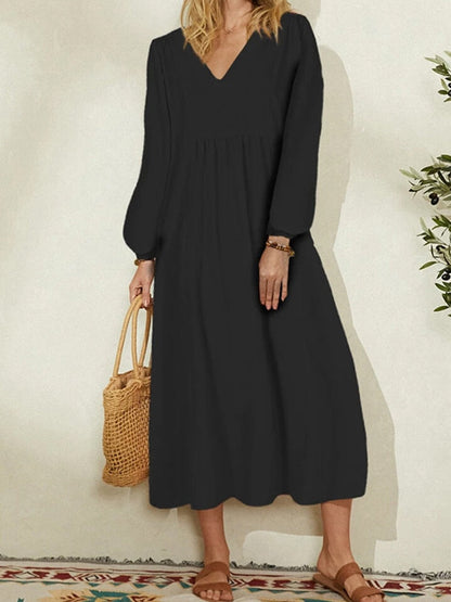 StoreXQ  Summer Spring Solid V Neck Lantern Sleeve Dress Elegant Casual Loose Cotton Linen Party Dress Women Office Commute A-Line  Dress