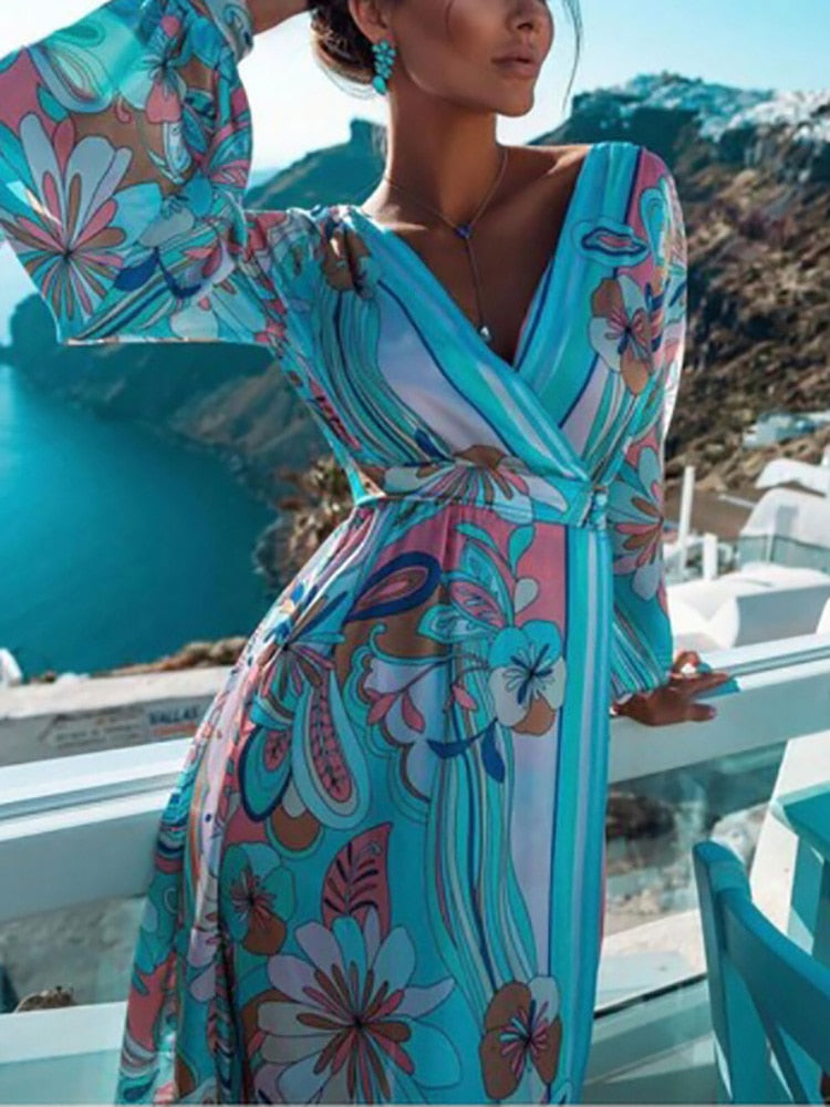 Beach Style Women Autumn Long Sleeve Elegant Party Dress Sexy Lady Deep V Neck Split Long Dress Retro Flower Print Loose Vestido