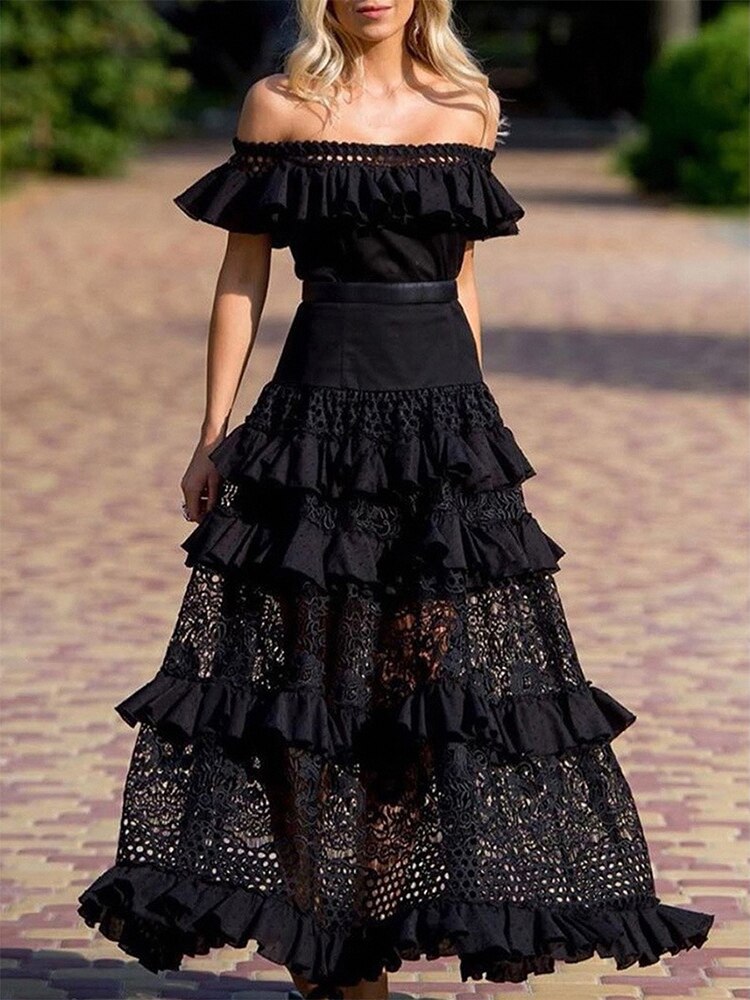 Elegant Cascading Ruffles Lace Splicing Slim Dress Women Solid Off Shoulder Hollow Party Dress Summer Waist A-line Beach Dresses