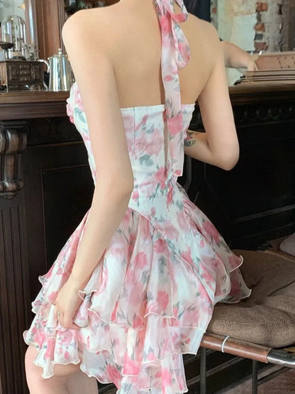 StoreXQ  -  Summer Women Sleeveless Sweet Pink Print beach Dress Female Slim Holiday  Halter Mini Dress Tierred Birthday Party Dress