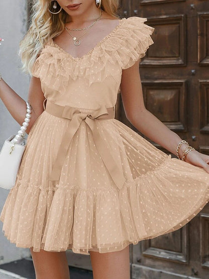 StoreXQ  Women Solid Ruffle Lace-up Sleeveless Dress Elegant V-Neck Lace Pleated A-Line Party Dress New Summer Vintage Chic Mini Dresses