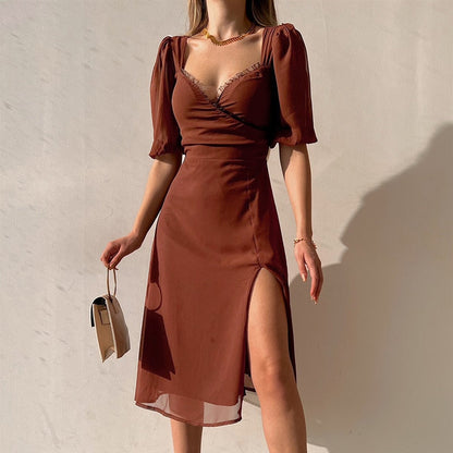 StoreXQ  Midi Dress Women Summer Elegant Sexy Split Fashionable French Low Cut Dress High Waist Low Cut Date Party Dress