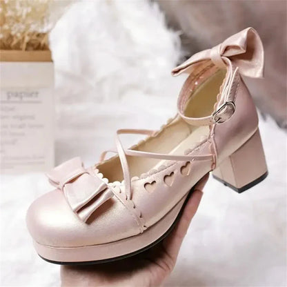 StoreXQ  -  Sweet lolita shoes kawaii girl bowknot bandage women shoes japanese vintage thick heel round head cosplay tea party dress shoes