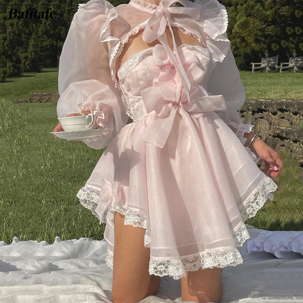 StoreXQ -  Fairy A Line Pink Organza Short Prom Dresses Puff Long Sleeves Lace Bow Formal Occasion Party Dress Wedding Gowns