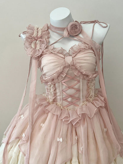 StoreXQ Summer Women Sweet Pink Lolita Dress Female Ruffle High Waist prom Mini Dress Japanese Summer Girl Kawaii Party Dresses