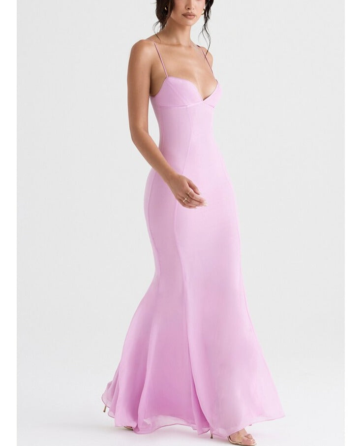 StoreXQ Sexy V Neck Sling Backless Maxi Mermaid Dress Elegant Pink Spaghetti Strap Bodycon Long Dress Mermaid Gown Celebrity Party Dress