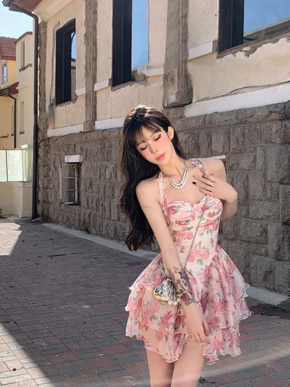 StoreXQ  -  Summer Women Sleeveless Sweet Pink Print beach Dress Female Slim Holiday  Halter Mini Dress Tierred Birthday Party Dress