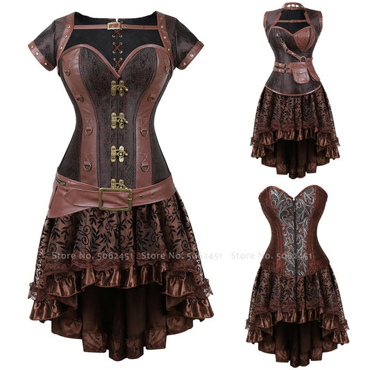 StoreXQ Carnival Medieval Steampunk Gothic Leather Vest Women Palace Vintage Corset Girdle Waistband Sexy Slim Retro Bodycon Party Dress