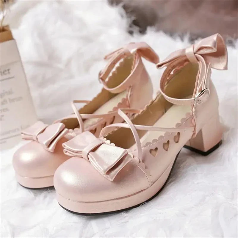 StoreXQ  -  Sweet lolita shoes kawaii girl bowknot bandage women shoes japanese vintage thick heel round head cosplay tea party dress shoes