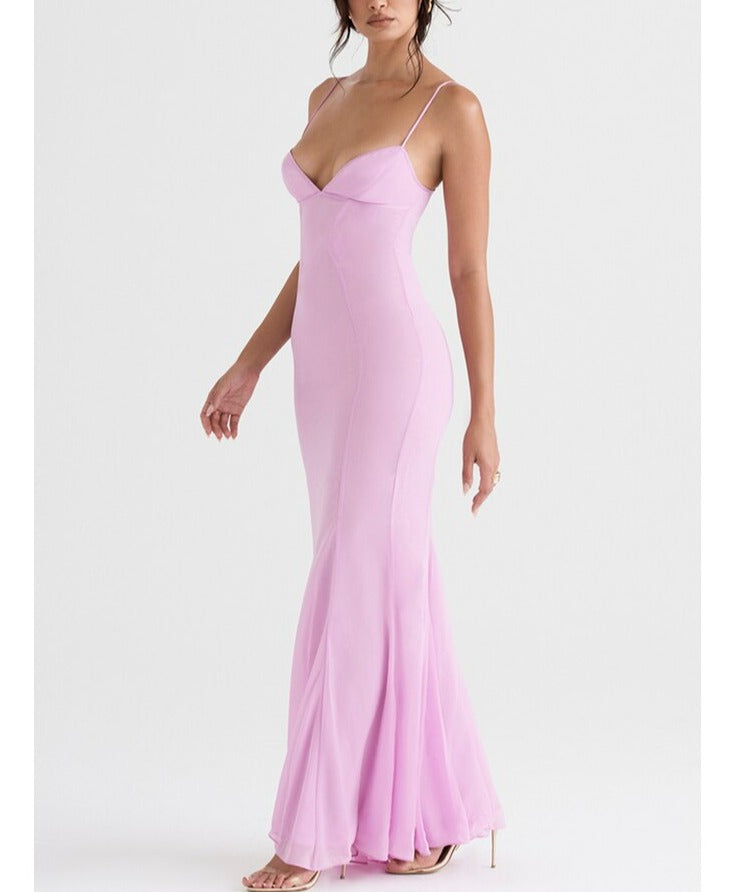 StoreXQ Sexy V Neck Sling Backless Maxi Mermaid Dress Elegant Pink Spaghetti Strap Bodycon Long Dress Mermaid Gown Celebrity Party Dress