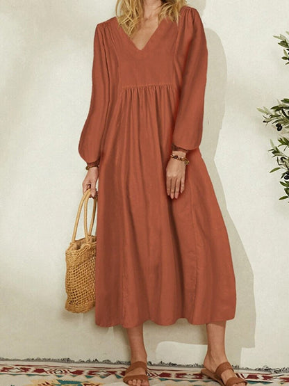 StoreXQ  Summer Spring Solid V Neck Lantern Sleeve Dress Elegant Casual Loose Cotton Linen Party Dress Women Office Commute A-Line  Dress