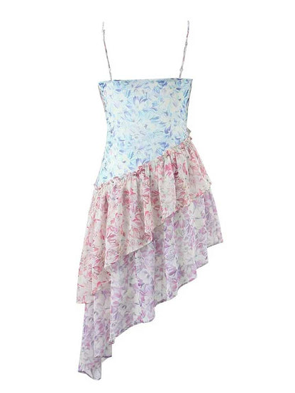 StoreXQ  floral print asymmetric dress V-neck straps sexy party dress chiffon women ruffled dress new summer ladies dress