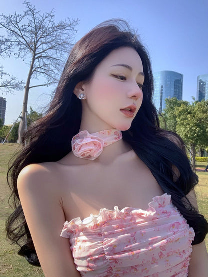 Casual Strapless Sexy Summer Dresses For Women  Korean Floral Print Chiffon Beach Holiday Mini Dress Elegant Party Dress