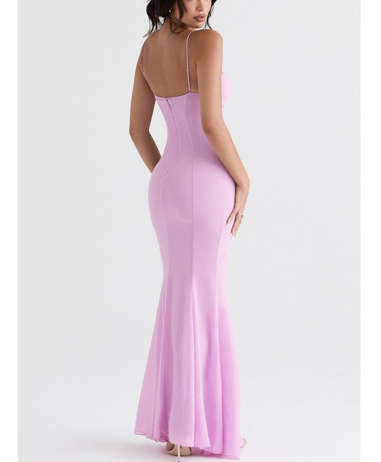 StoreXQ Sexy V Neck Sling Backless Maxi Mermaid Dress Elegant Pink Spaghetti Strap Bodycon Long Dress Mermaid Gown Celebrity Party Dress