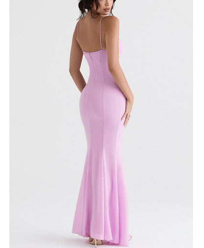 StoreXQ Sexy V Neck Sling Backless Maxi Mermaid Dress Elegant Pink Spaghetti Strap Bodycon Long Dress Mermaid Gown Celebrity Party Dress