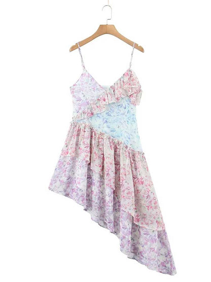 StoreXQ  floral print asymmetric dress V-neck straps sexy party dress chiffon women ruffled dress new summer ladies dress