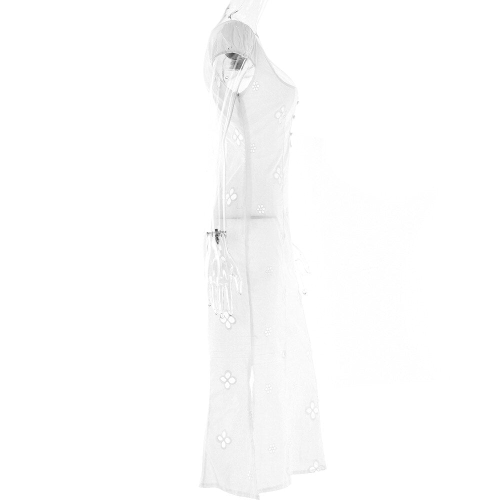 StoreXQ Sexy Hollow Out Midi Dress for Women Summer Elegant Chic V-Neck Slim Party Dress White Short Sleeve Casual Dress