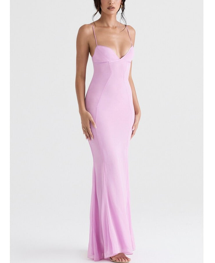 StoreXQ Sexy V Neck Sling Backless Maxi Mermaid Dress Elegant Pink Spaghetti Strap Bodycon Long Dress Mermaid Gown Celebrity Party Dress