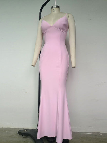 StoreXQ Sexy V Neck Sling Backless Maxi Mermaid Dress Elegant Pink Spaghetti Strap Bodycon Long Dress Mermaid Gown Celebrity Party Dress