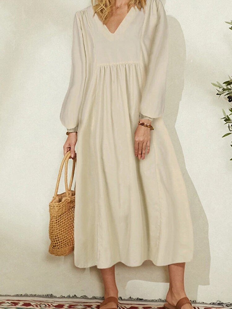 StoreXQ  Summer Spring Solid V Neck Lantern Sleeve Dress Elegant Casual Loose Cotton Linen Party Dress Women Office Commute A-Line  Dress