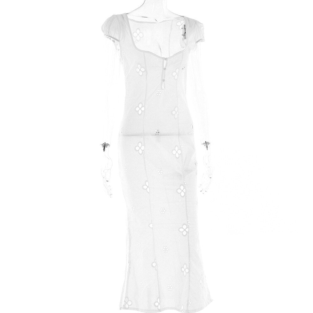 StoreXQ Sexy Hollow Out Midi Dress for Women Summer Elegant Chic V-Neck Slim Party Dress White Short Sleeve Casual Dress