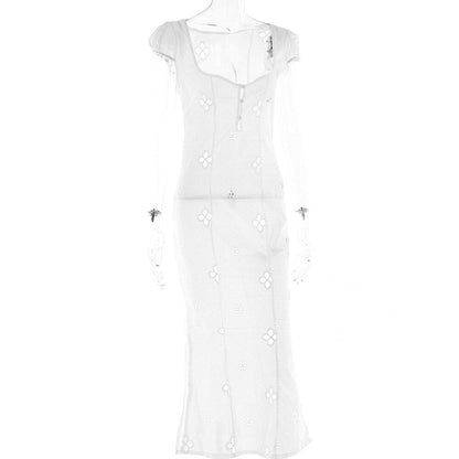 StoreXQ Sexy Hollow Out Midi Dress for Women Summer Elegant Chic V-Neck Slim Party Dress White Short Sleeve Casual Dress