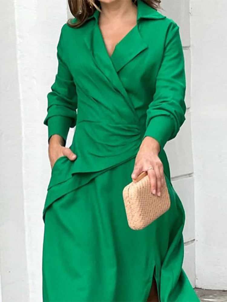 StoreXQ Green Women Dress Elegant Spring Summer Long Sleeve V Neck Party Dresses with Slit Pleated Beach A-LINE Maxi Dress for Women